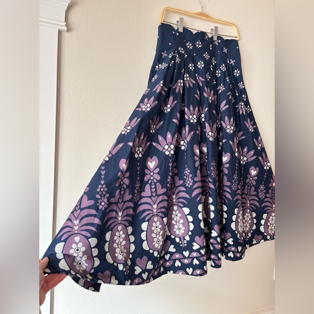 NWT FARM Rio Ainika Martina Dark Blue Floral Scalloped Cotton Midi Skirt - Picture 2 of 9